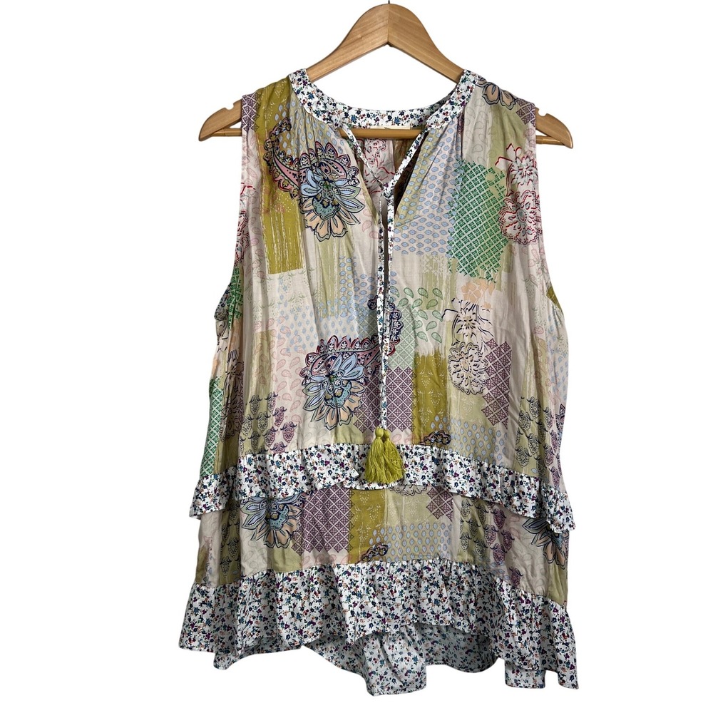 Hummingbird Womens Patchwork Paisley Ruffle Babydoll Top Sleeveless Tassel L